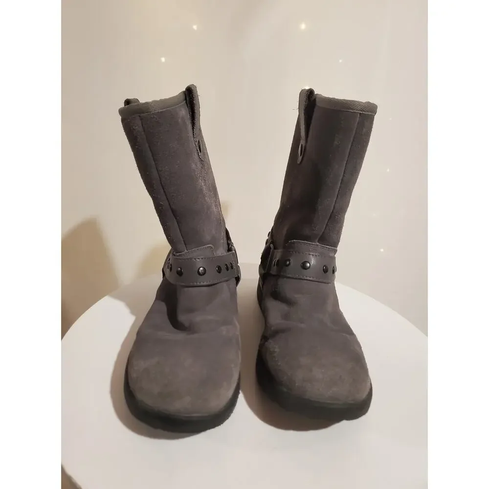 Ugg Heart Kids Suede Shearling Lined Mid Moto Boots Size 4 Gray Winter Leather